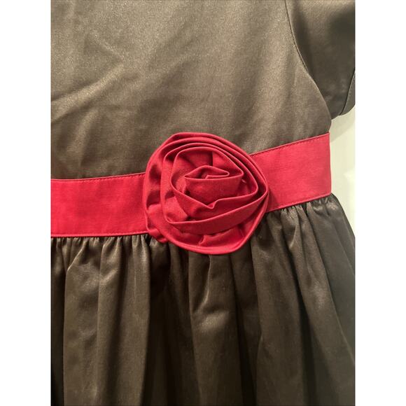 Gymboree Dress Girls Size 10 Brown Satin Puff Sleeve Red Sash Flower Holiday - Picture 5 of 9